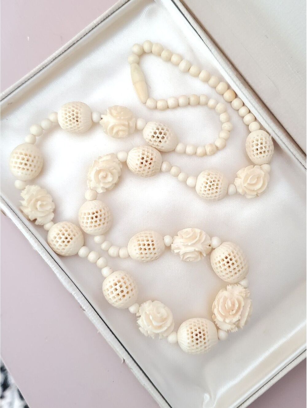 Vintage Carved Celluloid Floral Bead Necklace
